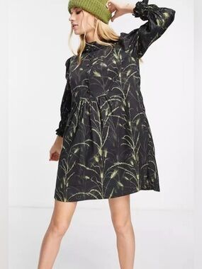 AllSaints Bila Lowestoft Black with Floral High/Low Babydoll Dress. Sz 10